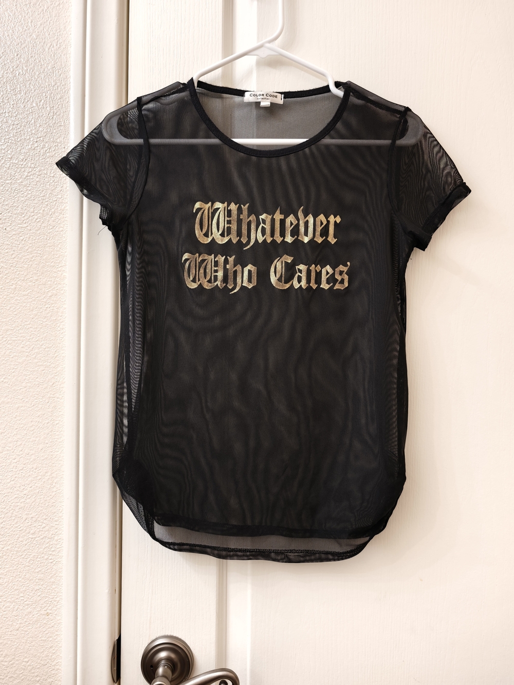 Black Sheer Tee with Gold Script